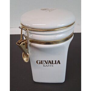 Gevalia Kaffe Ceramic Coffee Canister Jar Gold Trim Seal Sweden Royal Crest 7.5"